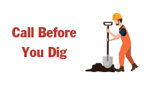 graphic that says, "Call Before You Dig" and has a construction worker with a shovel. It is used on the site to as a click through button in the footer of the website to take you to the instructions to call Tri-County Electric before you start a new construction or rennovation project of any kind.